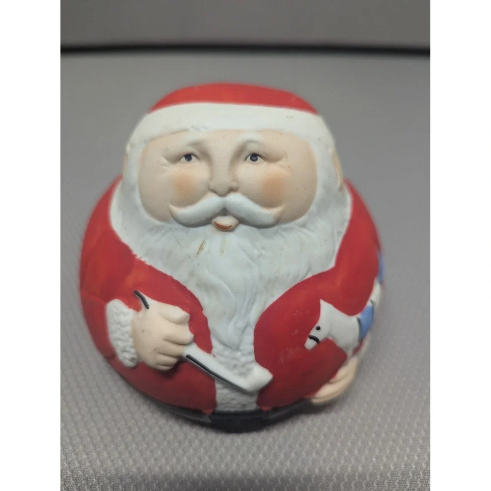 Vintage Ceramic Santa Claus Coin Bank Round Roly Poly Christmas Decor Red White